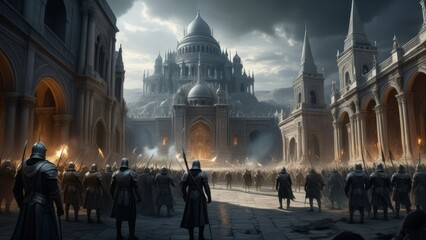 Obraz premium illustration of an epic fantasy battlefield with dark atmosphere