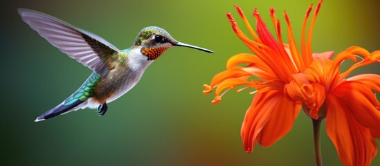 Obraz premium Tiny Costa Rican hummingbird, Selasphorus scintilla, near vibrant orange flower.