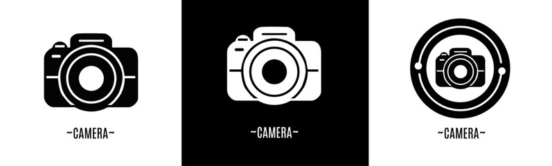 Camera logo set. Collection of black and white logos. Stock vector.