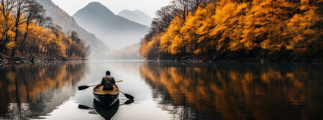 Lone man in boat on lake amid hills covered in autumn forest