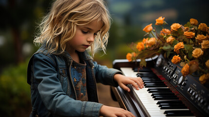 Little girl plays piano standing in garden - Powered by Adobe