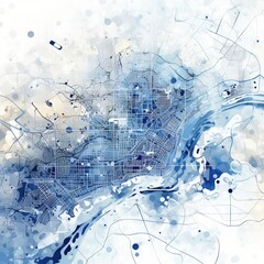 Blue and white watercolor map of Detroit