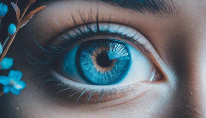 Fototapeta premium Blue eye, woman, blue flowers, close-up, enlargement