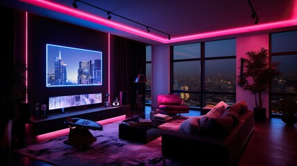 Modern room interior inspired by neon colors 