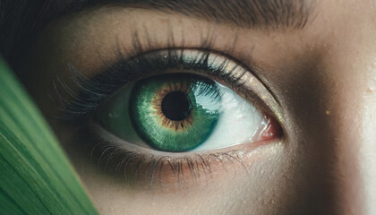 Obraz premium Green eye, female, green leaf, close-up, enlargement