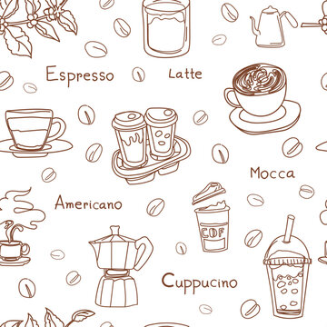 Hand drawn coffee seamless pattern background.
