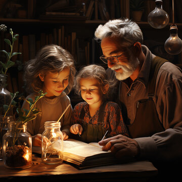 Grandmotheerr orr grandfather is doing hometasks work with his grandchild
