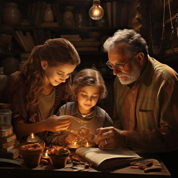 Grandmotheerr orr grandfather is doing hometasks work with his grandchild
