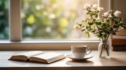 Fototapeta na wymiar cup of coffee and book for morning devotion in spring or summer time on wooden table with window light