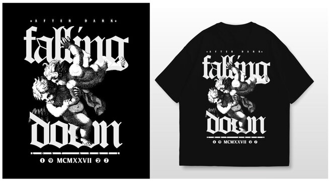 Art design of urban featuring an illustrated angels, victorian illustration. Gothic font texts add an authentic urban, white t shirt and template. Perfect for clothing patterns seeking