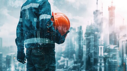 Double exposure image of construction worker holding safety helmet and construction drawing against the background of surreal construction site in the city.  - obrazy, fototapety, plakaty