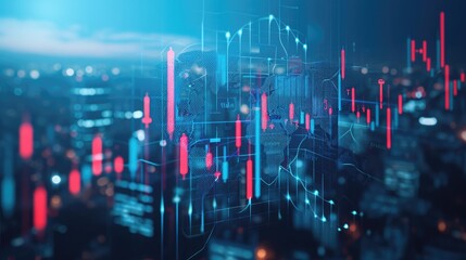 Double exposure of abstract financial graph with world map on office buildings background, forex and investment concept