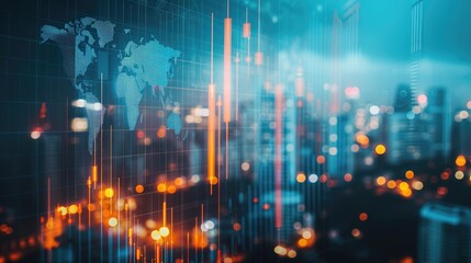Fototapeta premium Double exposure of abstract financial graph with world map on office buildings background, forex and investment concept