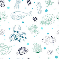 Hand drawn sea animal seamless pattern background.