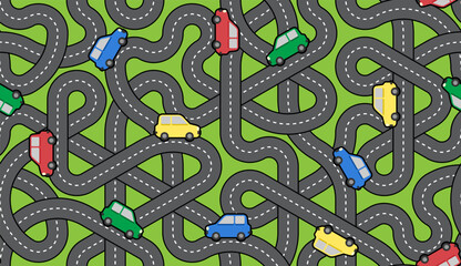 Cars on twisty roads seamless pattern. Fun kid-style vector graphic. Hexagonal Truchet, creative coding computational design.