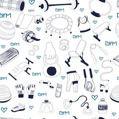 Hand drawn fitness seamless pattern background.