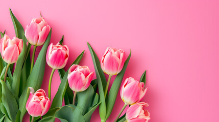 Spring tulip flowers on pink background top view in flat lay style. Greeting for Womens or Mothers Day or Spring Sale Banner - obrazy, fototapety, plakaty