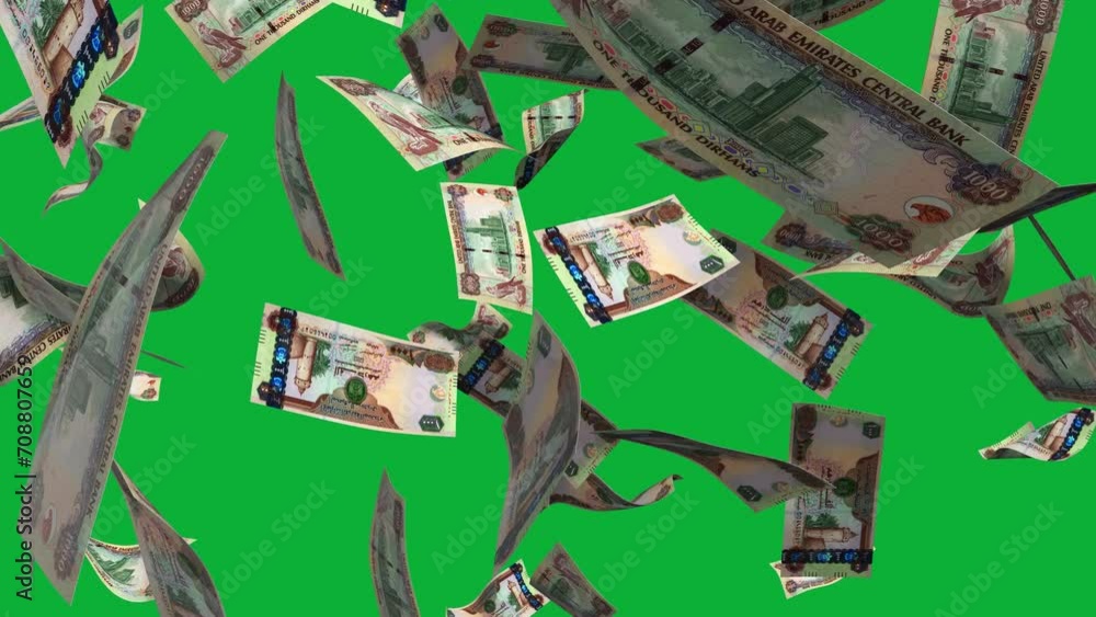 Poster 3D animation of UAE dirham notes Falling On green screen. Remove the background by keying or subtracting with the black and white matte to replace with a custom one
