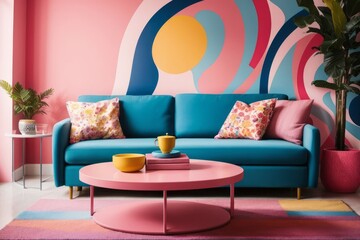 Playful pop art interior home design of modern living room with blue sofa and round table with...
