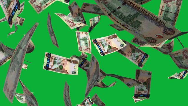 3D animation of UAE dirham notes Falling On green screen. Remove the background by keying or subtracting with the black and white matte to replace with a custom one
