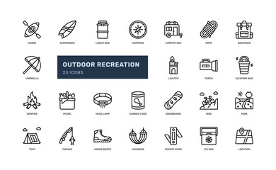 outdoor activity recreation leisure nature sport detailed outline line icon set - obrazy, fototapety, plakaty