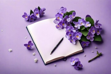 A cluster of violets delicately placed near a notebook mockup on a lilac background, conveying loyalty and devotion.