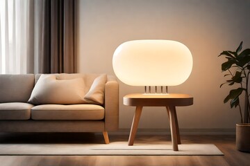 A modern LED lamp with touch controls, emitting a soft, warm glow in a contemporary living room.