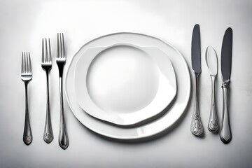 A white ceramic plate with silver cutlery neatly arranged on a table.