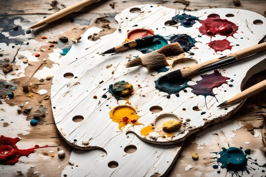 A white wooden artist's palette with dried paint blobs.