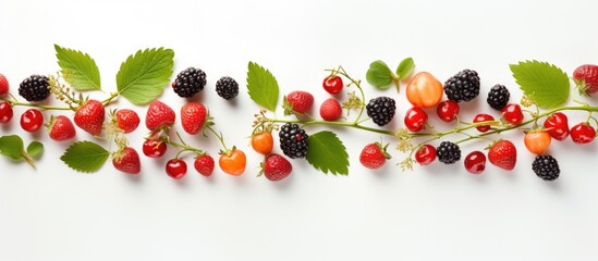 Fresh berries, brightly colored, photographed from above on a light background, with empty space.