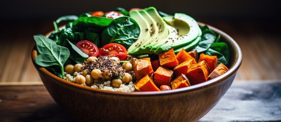 Nourishing vegan lunch bowl with avocado, quinoa, sweet potato, tomato, spinach and chickpeas.