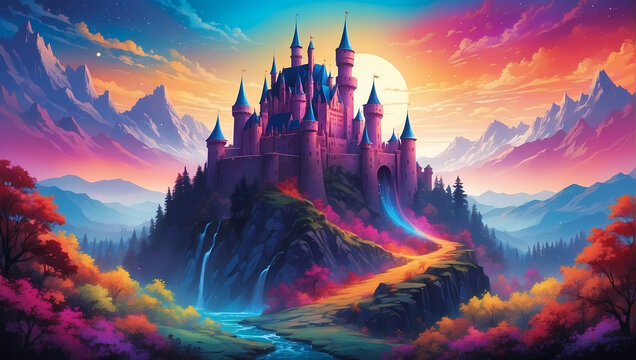 Fantasy colorful Camelot Castle . Creative illustration. Beautiful Castle in Dreamland. Fantasy castle in the mountains, green hills, blue sky, Fantasy Backdrop. Concept Art.  Ai Generate 