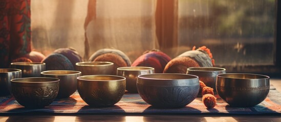 Singing bowls on a wooden table used for meditation and music therapy.