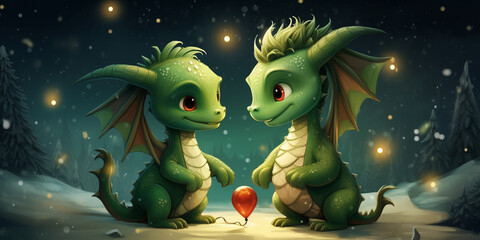 Cute two green dragon set on earth and between red balloon symbol of 2024 Postcard New Year's greetings and light grey background.AI Generative