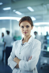 Fototapeta premium Female doctor wearing a white coat and work uniform in a hospital operating room. Generative AI.