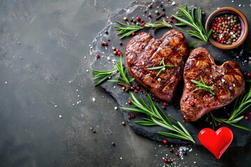 grilled beef steak for valentines day pragma in black background - obrazy, fototapety, plakaty