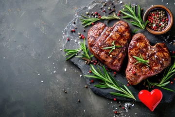 Fotobehang grilled beef steak for valentines day pragma in black background © Summit Art Creations