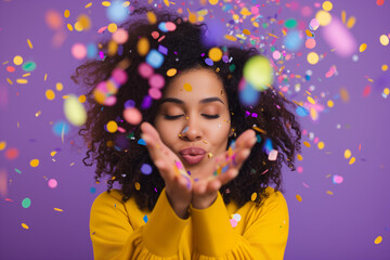 Young woman wearing a yellow top blowing colorful confetti against a purple background. Studio shot. Vibrant and festive.
