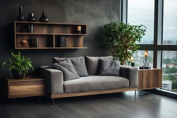 Walnut Wood and Green Plants in Modern Living Room