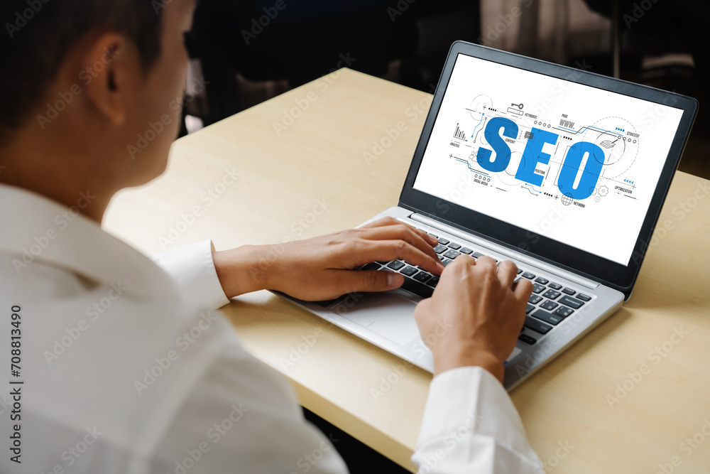 Aufkleber seo search engine optimization for modish e-commerce and online retail business showing on computer 