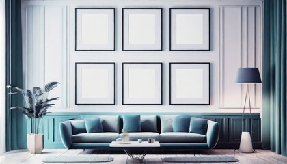 living room with six frame mockups