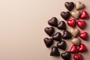 Fototapeta premium Charming Heart-Shaped Chocolates - Embracing Love with Light Crimson and Light Brown - Copy Space