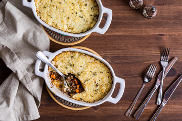 Top down view of cauliflower shepherd's pie, ready for eating.