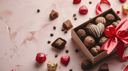 Decadent Delights - Assorted Chocolates in Square and Heart Shapes, Nestled in an Open Box with a Ribbon