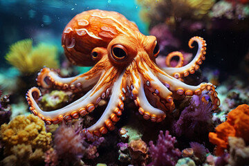 Underwater wonder. Captivating image featuring an octopus amidst vibrant corals. Perfect for projects related to marine life and ocean exploration. Dive into the beauty.