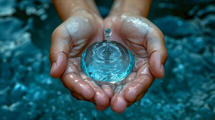 Clean Water Drop: World Water Day Campaign Hands delicately holding a pristine water drop, symbolizing the importance of clean water and participation in World Water Day initiatives - obrazy, fototapety, plakaty