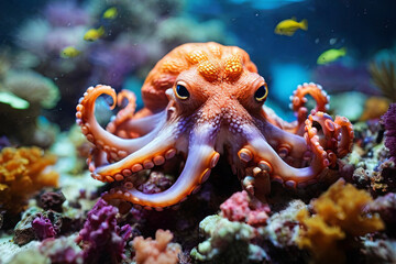 Underwater wonder. Captivating image featuring an octopus amidst vibrant corals. Perfect for projects related to marine life and ocean exploration. Dive into the beauty.