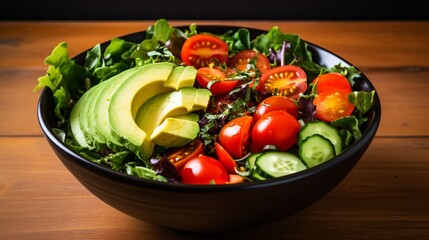 A colorful salad bowl filled with mixed greens, cherry tomatoes, and avocado slices.