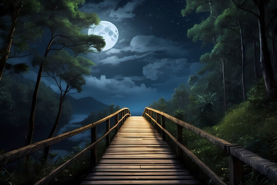 a wooden dock with a full moon in the sky above it. Mystical moonlit night over a calm lake with a wooden dock, evoking solitude and reflection. night in the forest. Generative Ai
