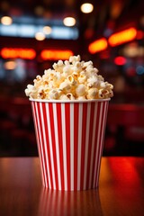 A red and white striped popcorn bucket sitting on a table with a blurry background of red and orange lights